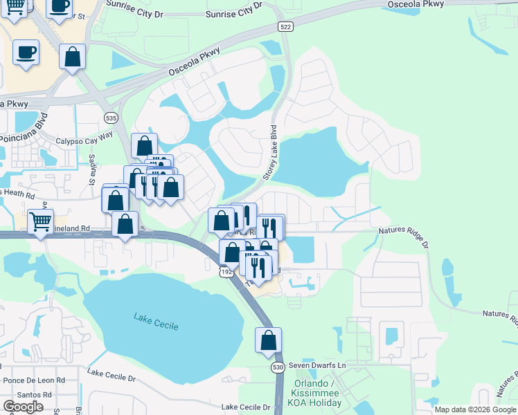 map of restaurants, bars, coffee shops, grocery stores, and more near 4786 Tribute Trail in Kissimmee