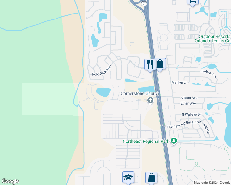 map of restaurants, bars, coffee shops, grocery stores, and more near 2725 Fan Palm Drive in Davenport