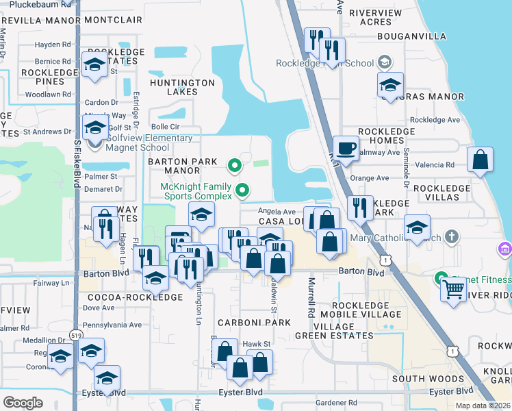 map of restaurants, bars, coffee shops, grocery stores, and more near 840 Angela Avenue in Rockledge