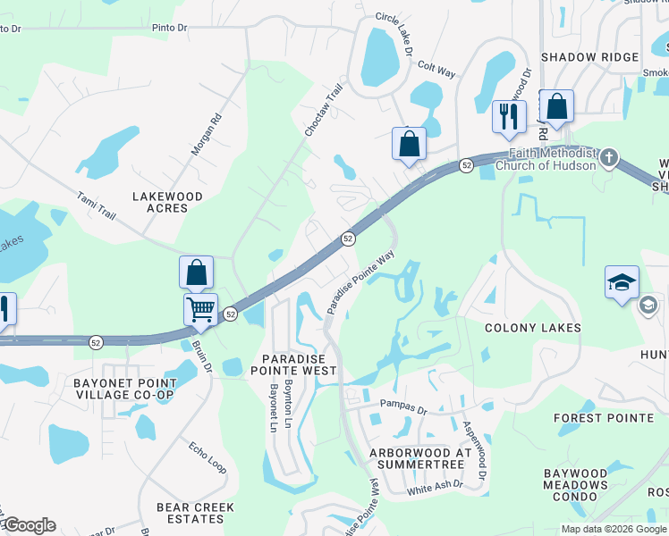 map of restaurants, bars, coffee shops, grocery stores, and more near 11315 State Road 52 in Hudson