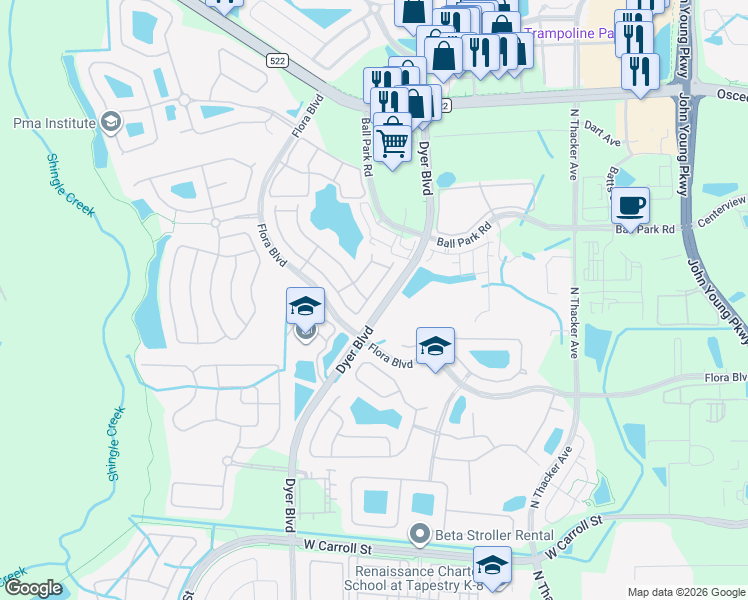 map of restaurants, bars, coffee shops, grocery stores, and more near 2911 Langdon Lane South in Kissimmee