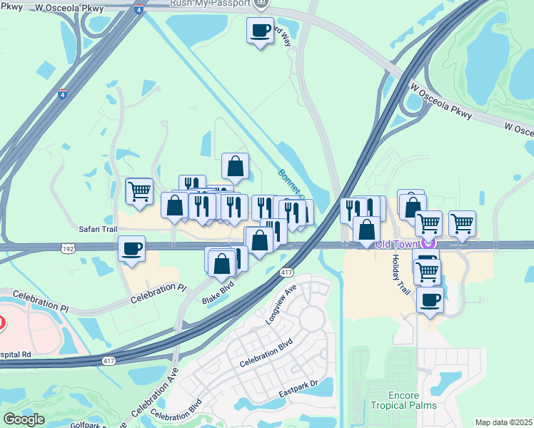 map of restaurants, bars, coffee shops, grocery stores, and more near 6051 West Irlo Bronson Memorial Highway in Kissimmee