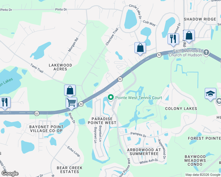 map of restaurants, bars, coffee shops, grocery stores, and more near 11315 State Road 52 in Hudson