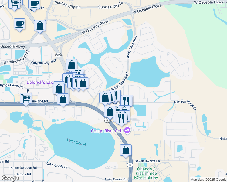 map of restaurants, bars, coffee shops, grocery stores, and more near 4768 Tribute Trail in Kissimmee