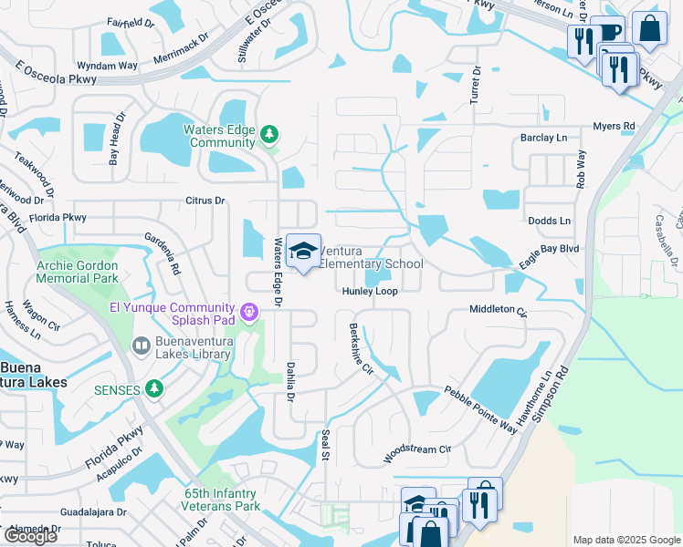 map of restaurants, bars, coffee shops, grocery stores, and more near 2556 Hunley Loop in Kissimmee