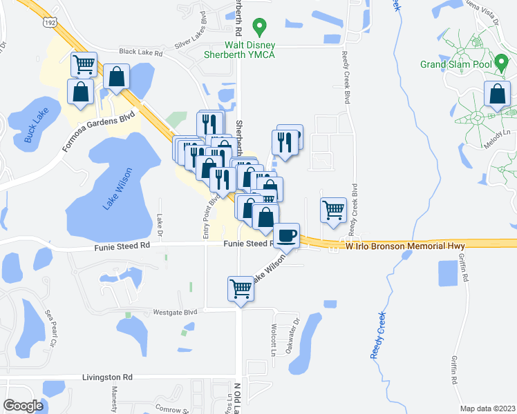 map of restaurants, bars, coffee shops, grocery stores, and more near 7531 West Irlo Bronson Memorial Highway in Kissimmee