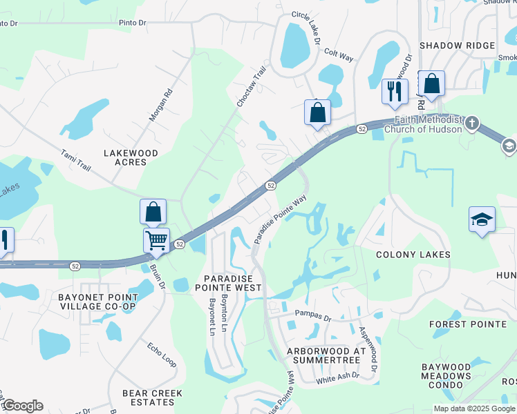 map of restaurants, bars, coffee shops, grocery stores, and more near 11315 State Road 52 in Hudson