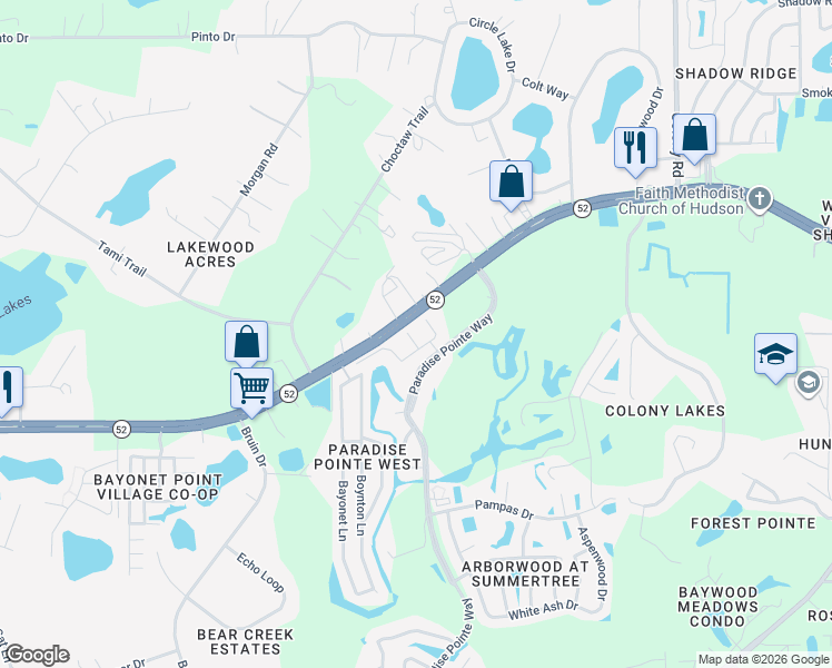 map of restaurants, bars, coffee shops, grocery stores, and more near 11315 State Road 52 in Hudson
