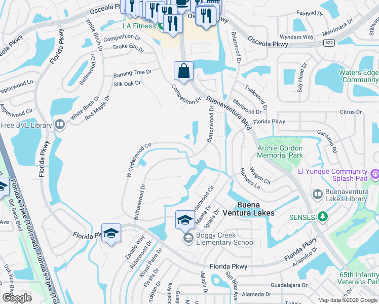 map of restaurants, bars, coffee shops, grocery stores, and more near 72 West Cedarwood Circle in Kissimmee