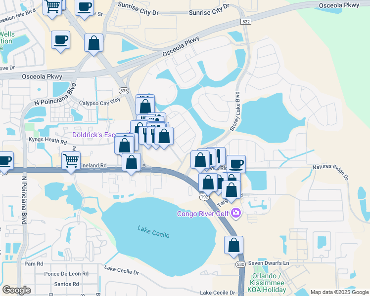 map of restaurants, bars, coffee shops, grocery stores, and more near 4824 Dedication Street in Kissimmee