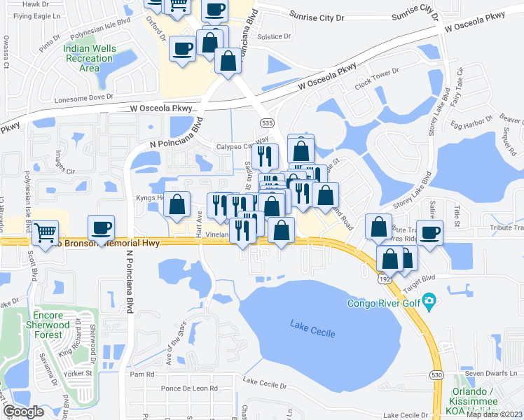map of restaurants, bars, coffee shops, grocery stores, and more near 4970 Kyngs Heath Rd in Kissimmee