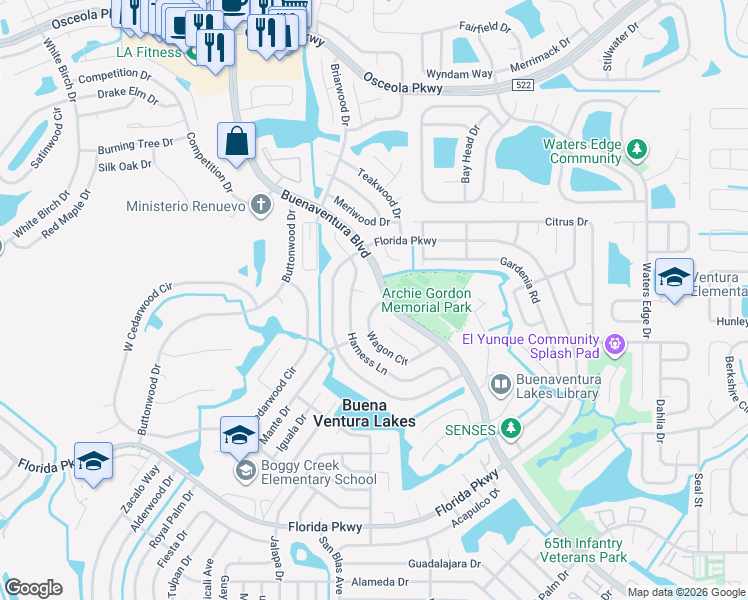 map of restaurants, bars, coffee shops, grocery stores, and more near 46 Wagon Circle in Kissimmee