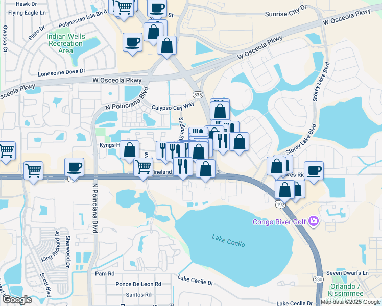 map of restaurants, bars, coffee shops, grocery stores, and more near 4970 Kyngs Heath Road in Kissimmee
