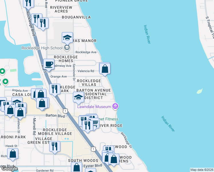 map of restaurants, bars, coffee shops, grocery stores, and more near 1025 Rockledge Drive in Rockledge