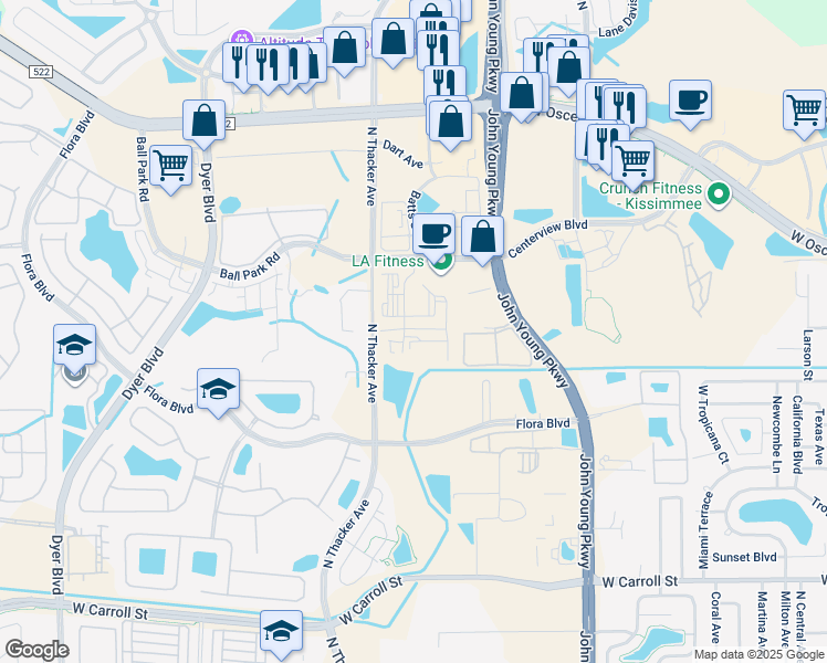 map of restaurants, bars, coffee shops, grocery stores, and more near 1900 Ball Park Road in Kissimmee