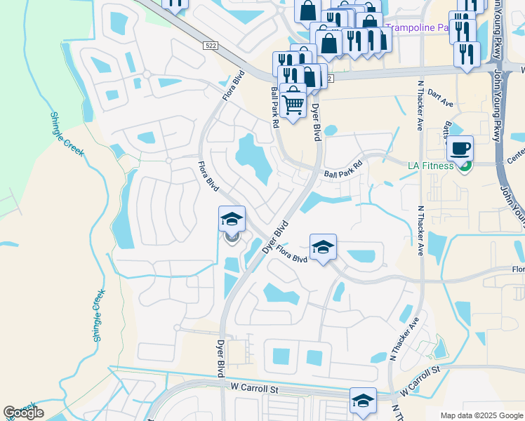 map of restaurants, bars, coffee shops, grocery stores, and more near 2911 Langdon Lane South in Kissimmee