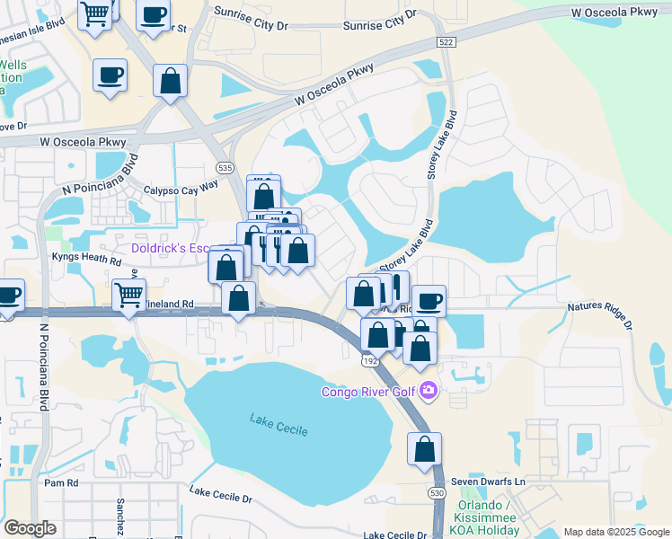 map of restaurants, bars, coffee shops, grocery stores, and more near 4824 Dedication Street in Kissimmee