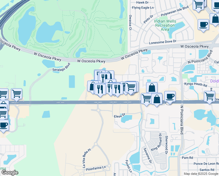 map of restaurants, bars, coffee shops, grocery stores, and more near 5405 West Irlo Bronson Memorial Highway in Kissimmee