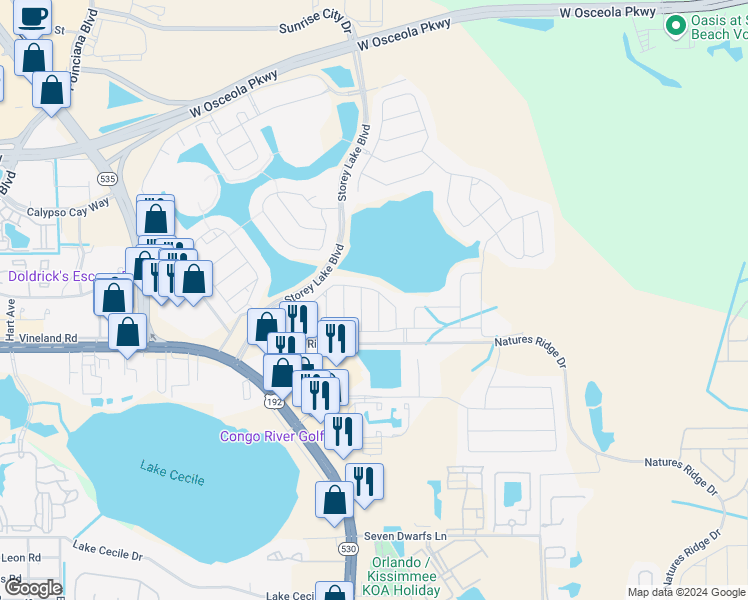 map of restaurants, bars, coffee shops, grocery stores, and more near 2928 Title Street in Kissimmee