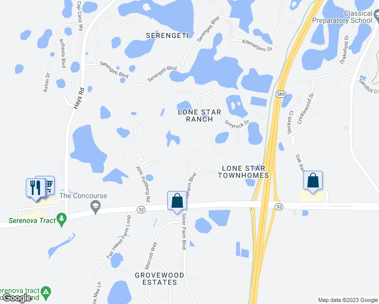 map of restaurants, bars, coffee shops, grocery stores, and more near 12201 Deertrack Loop in Spring Hill