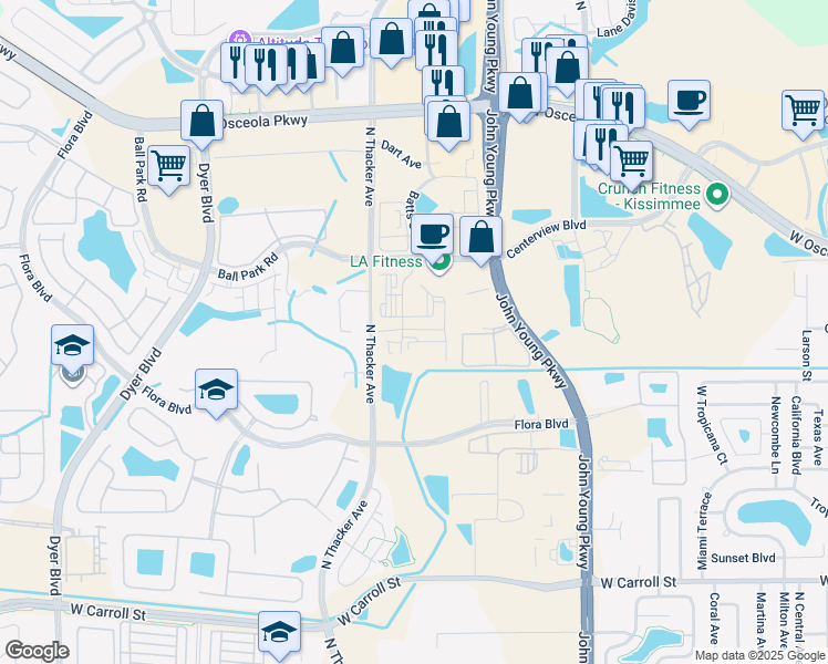 map of restaurants, bars, coffee shops, grocery stores, and more near 3000 John Young Parkway in Kissimmee
