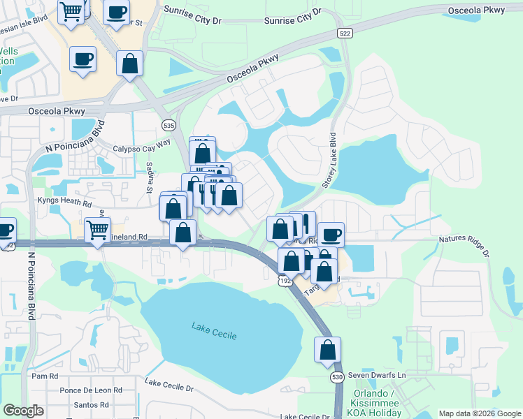 map of restaurants, bars, coffee shops, grocery stores, and more near 4824 Dedication Street in Kissimmee