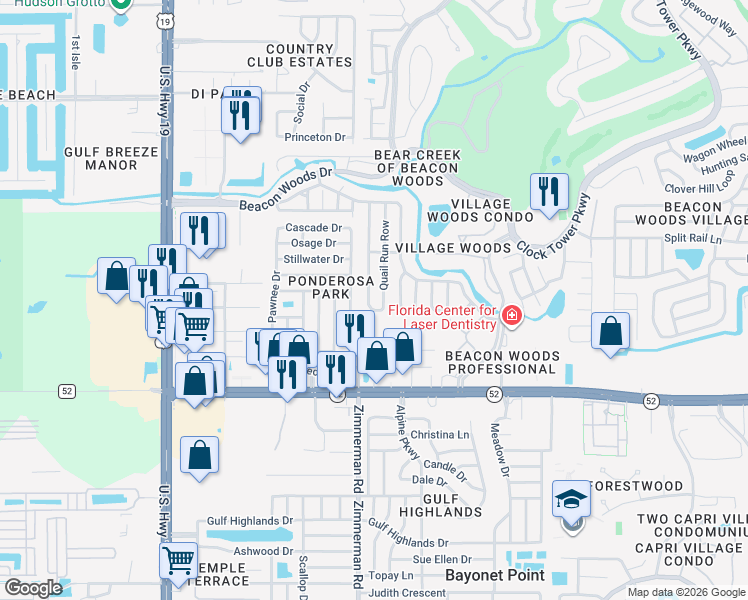 map of restaurants, bars, coffee shops, grocery stores, and more near 12210 Partridge Hill Row in Hudson