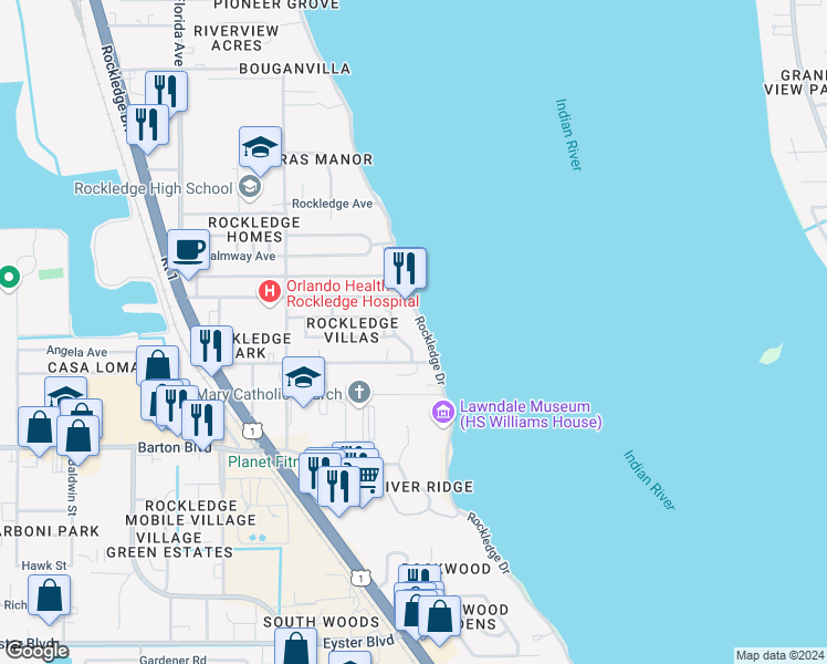 map of restaurants, bars, coffee shops, grocery stores, and more near 1025 Rockledge Drive in Rockledge