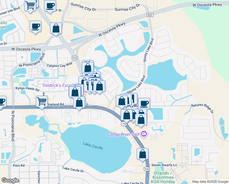 map of restaurants, bars, coffee shops, grocery stores, and more near 4824 Dedication Street in Kissimmee
