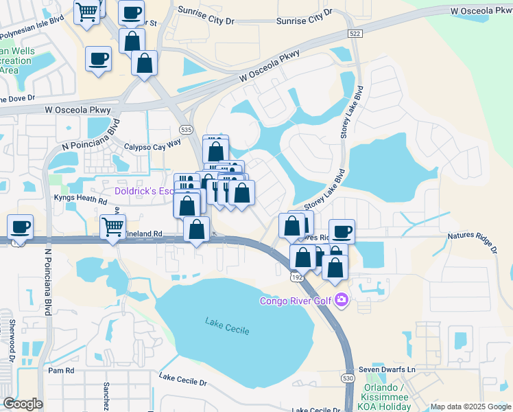 map of restaurants, bars, coffee shops, grocery stores, and more near 5015 Windermere Avenue in Kissimmee