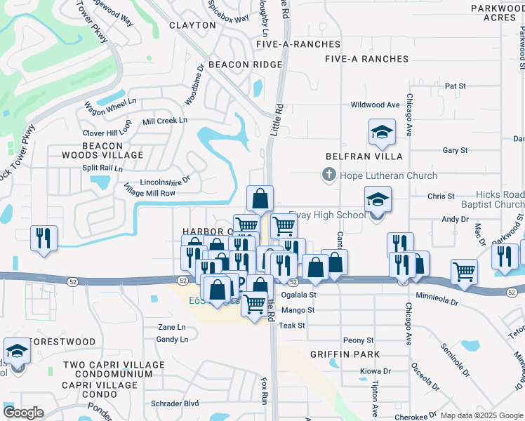 map of restaurants, bars, coffee shops, grocery stores, and more near 12229 Little Road in Hudson