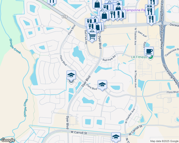 map of restaurants, bars, coffee shops, grocery stores, and more near 2936 Ashland Lane South in Kissimmee