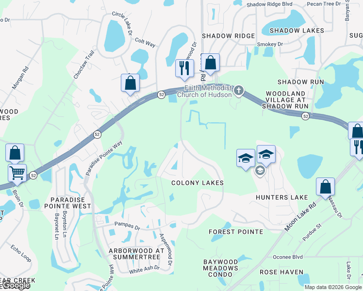 map of restaurants, bars, coffee shops, grocery stores, and more near 12241 Colony Lakes Boulevard in New Port Richey