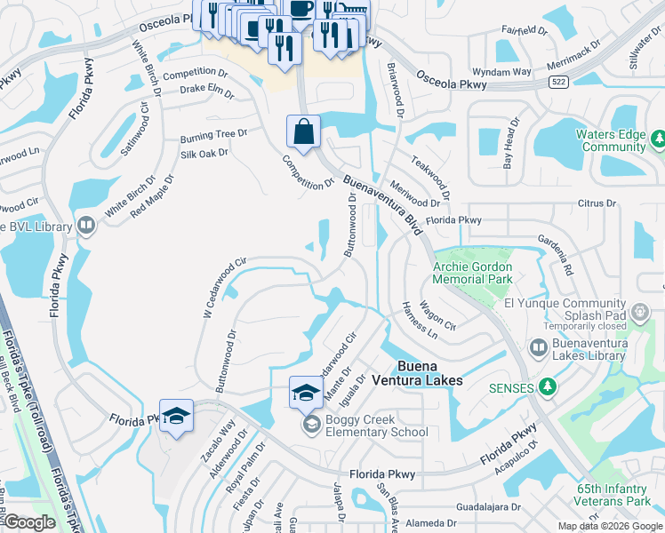 map of restaurants, bars, coffee shops, grocery stores, and more near 72 West Cedarwood Circle in Kissimmee