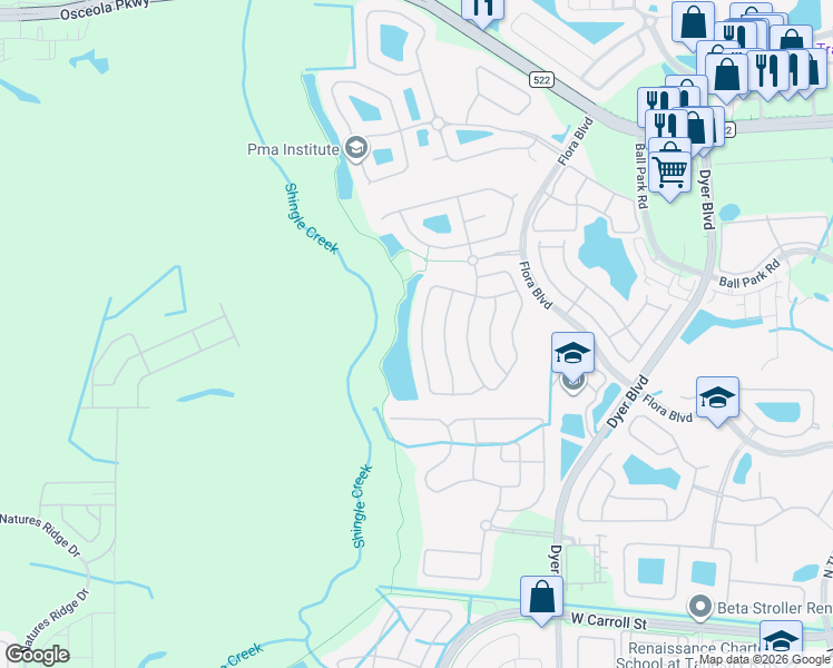 map of restaurants, bars, coffee shops, grocery stores, and more near 3539 Maple Ridge Loop in Kissimmee