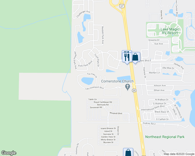map of restaurants, bars, coffee shops, grocery stores, and more near 2428 Fan Palm Drive in Davenport