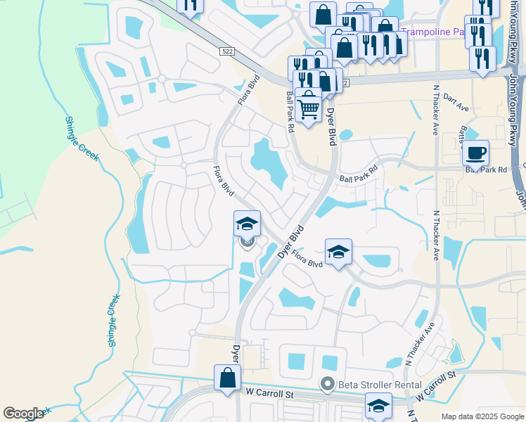 map of restaurants, bars, coffee shops, grocery stores, and more near 3016 Ashland Lane North in Kissimmee