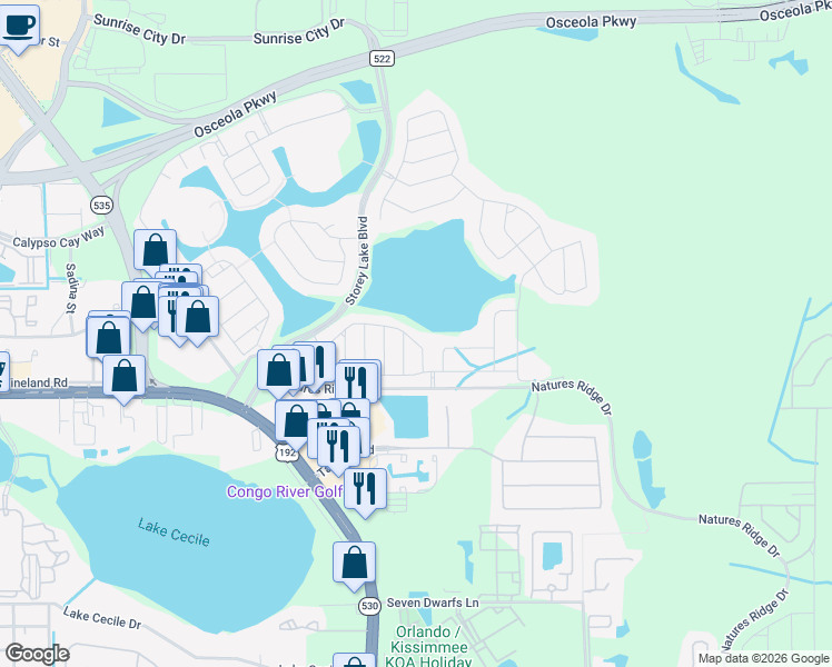 map of restaurants, bars, coffee shops, grocery stores, and more near 4872 Tribute Trail in Kissimmee