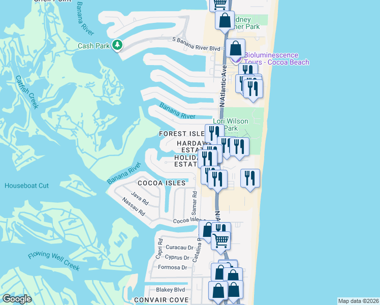 map of restaurants, bars, coffee shops, grocery stores, and more near 131 Esther Drive in Cocoa Beach