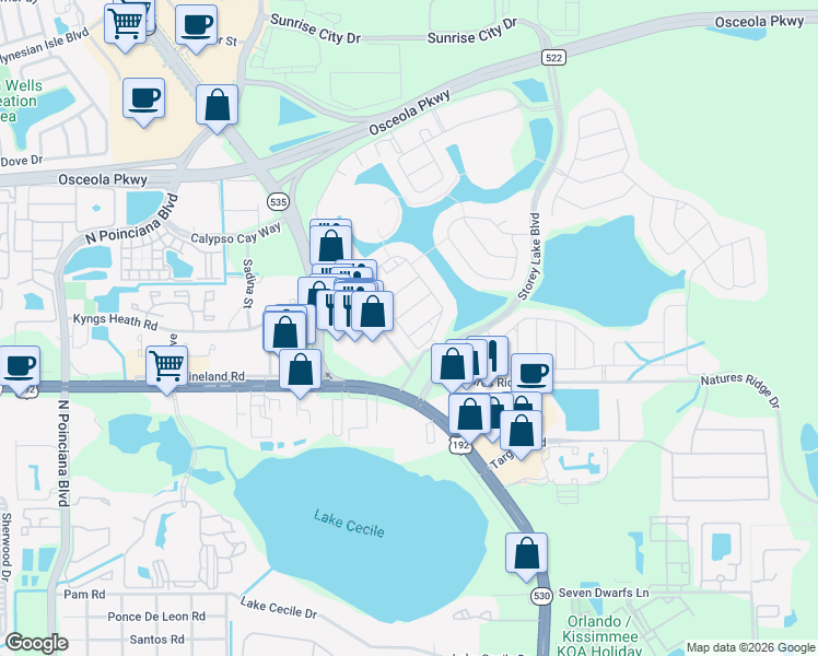 map of restaurants, bars, coffee shops, grocery stores, and more near 4824 Dedication Street in Kissimmee
