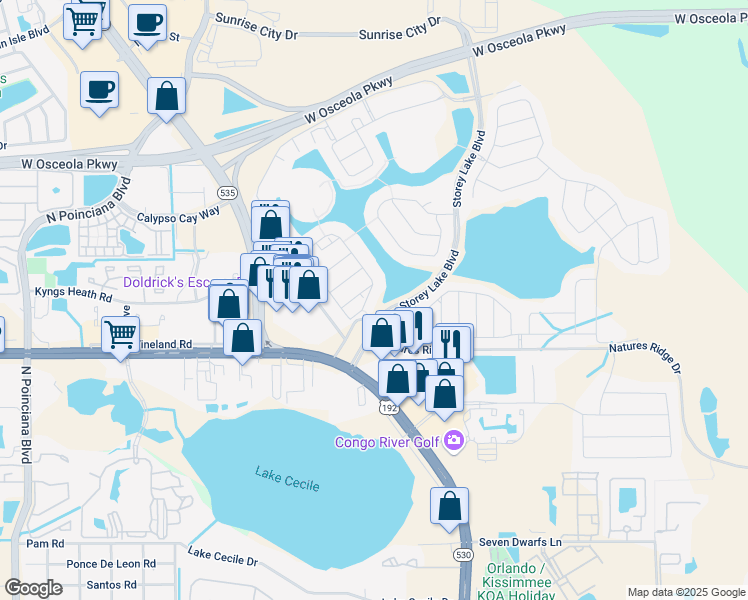 map of restaurants, bars, coffee shops, grocery stores, and more near 2911 Fable Street in Kissimmee