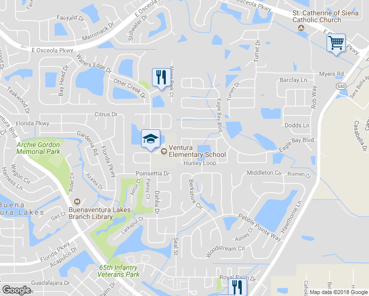 map of restaurants, bars, coffee shops, grocery stores, and more near 2556 Hunley Loop in Kissimmee