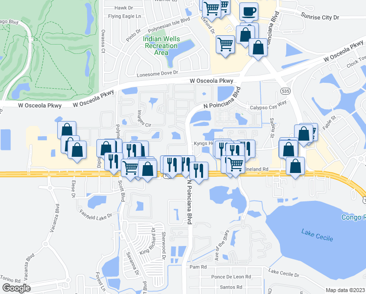 map of restaurants, bars, coffee shops, grocery stores, and more near 3037 Seaview Castle Drive in Kissimmee