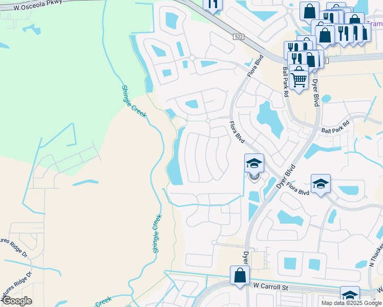 map of restaurants, bars, coffee shops, grocery stores, and more near 2914 River Birch Drive in Kissimmee