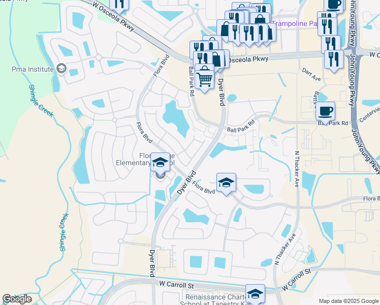 map of restaurants, bars, coffee shops, grocery stores, and more near 2911 Langdon Lane South in Kissimmee
