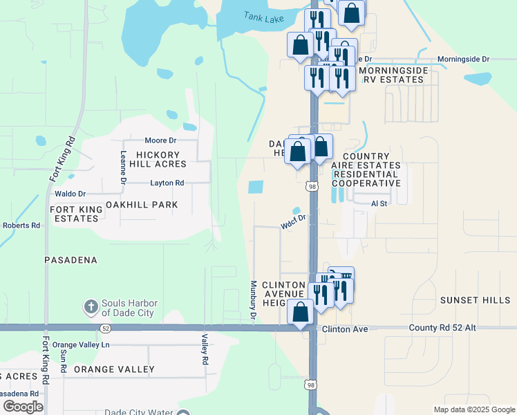 map of restaurants, bars, coffee shops, grocery stores, and more near 12148 Munbury Drive in Dade City