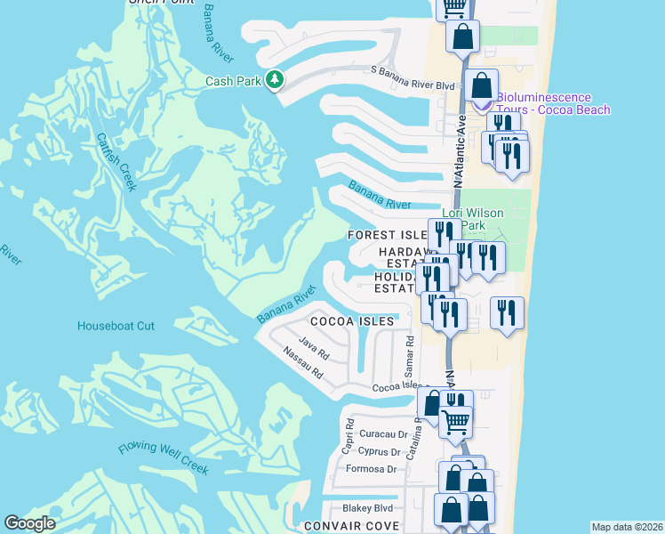 map of restaurants, bars, coffee shops, grocery stores, and more near 1214 Samar Road in Cocoa Beach
