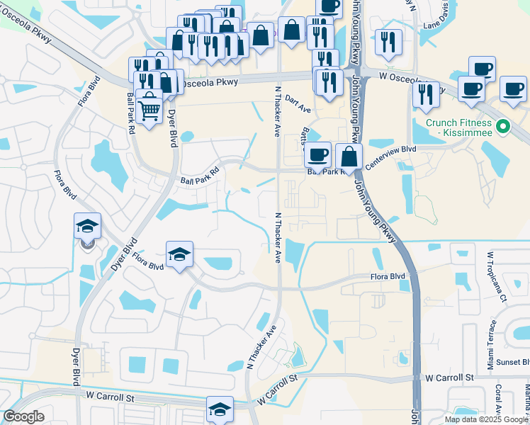 map of restaurants, bars, coffee shops, grocery stores, and more near 2920 Flora Ridge Circle in Kissimmee