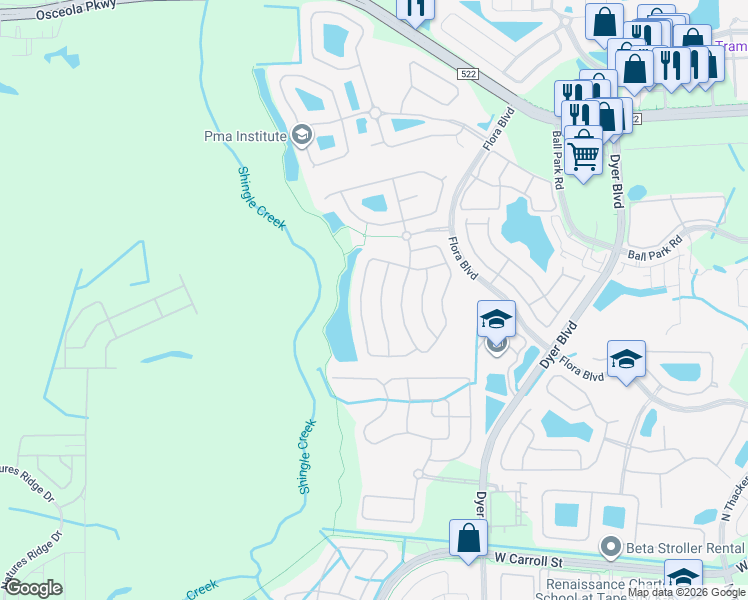 map of restaurants, bars, coffee shops, grocery stores, and more near 2914 River Birch Drive in Kissimmee