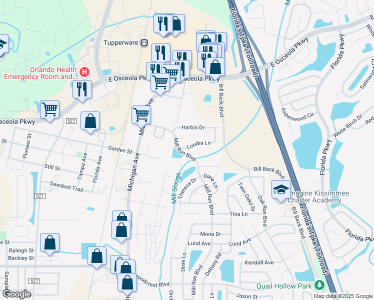 map of restaurants, bars, coffee shops, grocery stores, and more near 1414 Londra Lane in Kissimmee